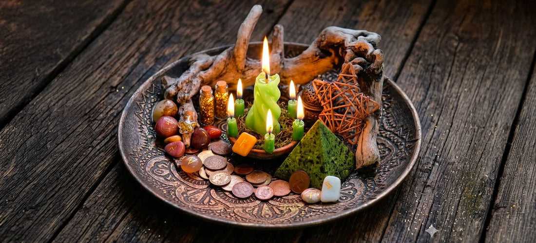 a table with the ingredients for a wealth spell