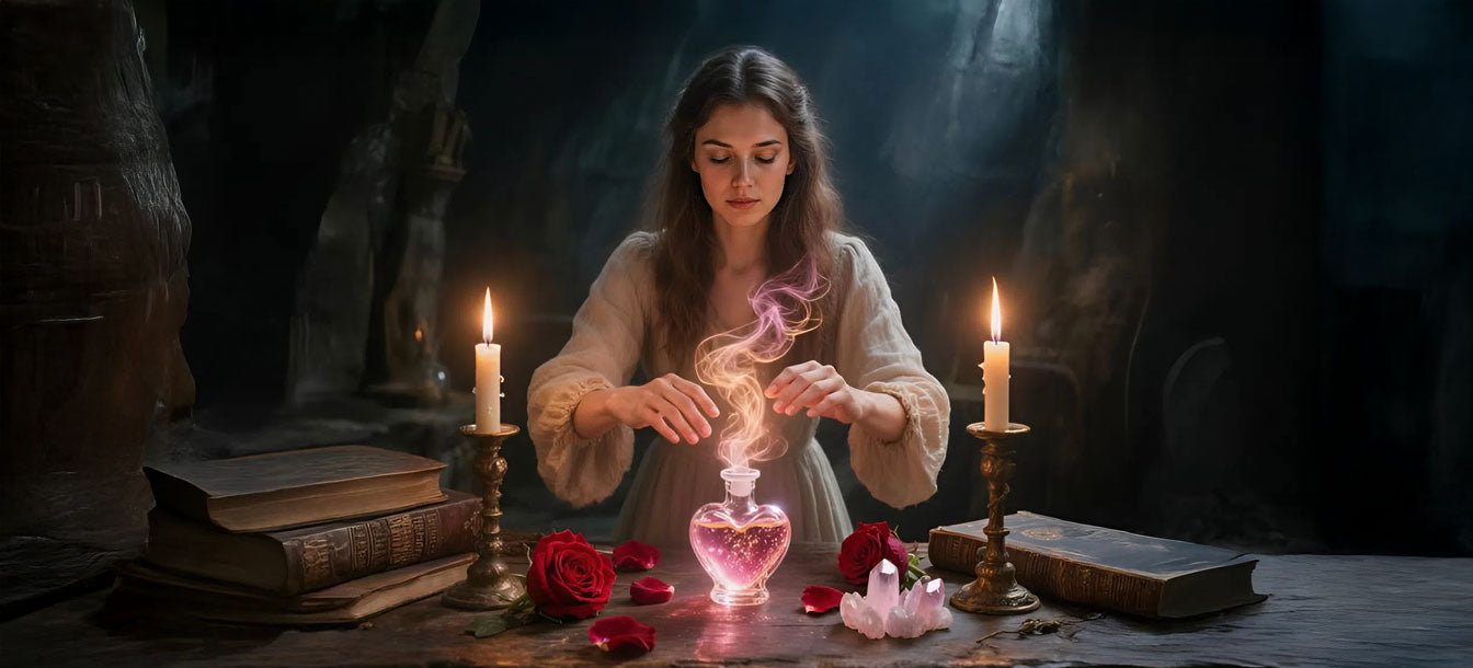 woman at a table casting a love spell that should work