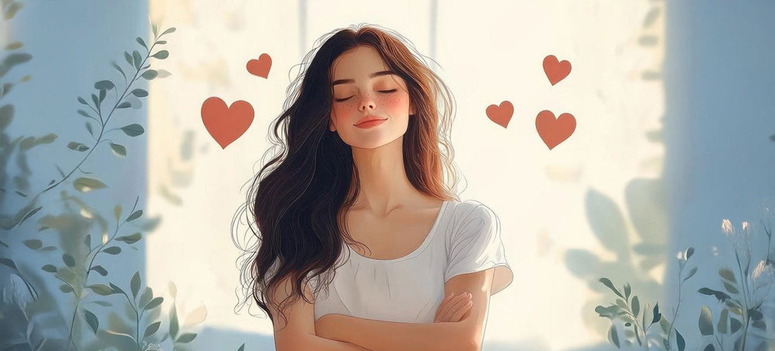 woman hugging herself surrounded by hearts