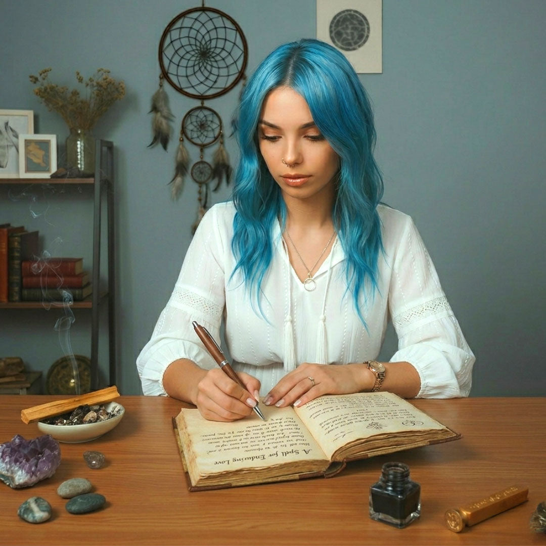 psychic alura sitting at a desk writing